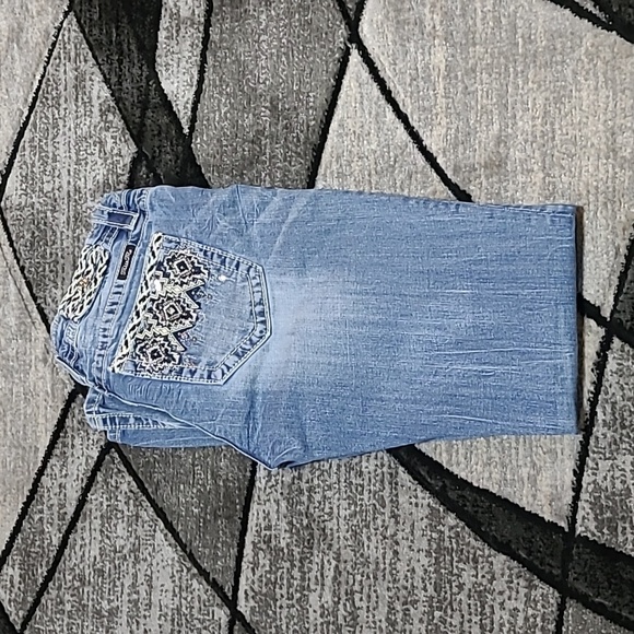 MISS ME EMBROIDERED SEQUINS STUDDED MID-RISE BOOT-CUT DENIM JEAN - Picture 1 of 16